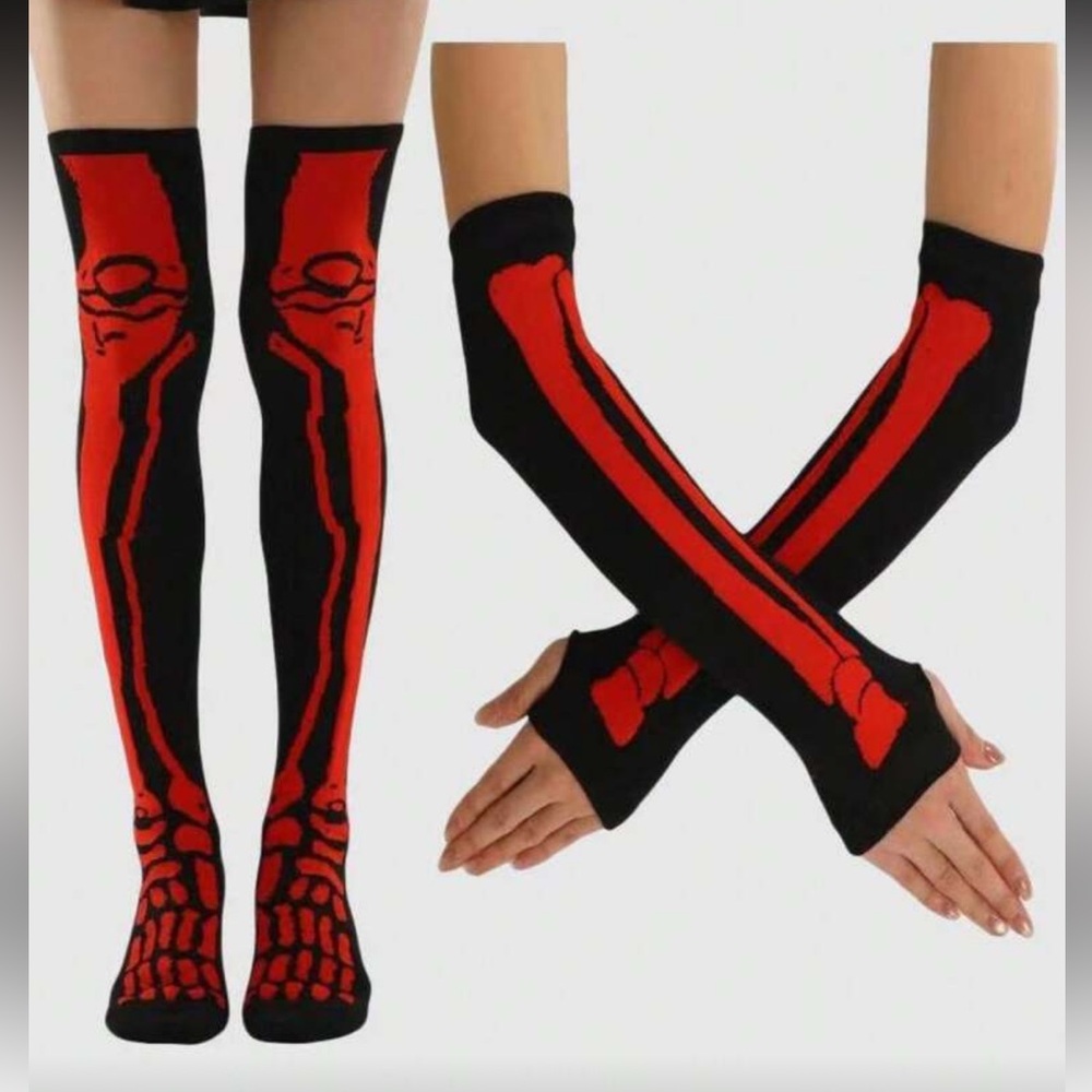 Skeleton Design Black and Red Thigh-High Socks